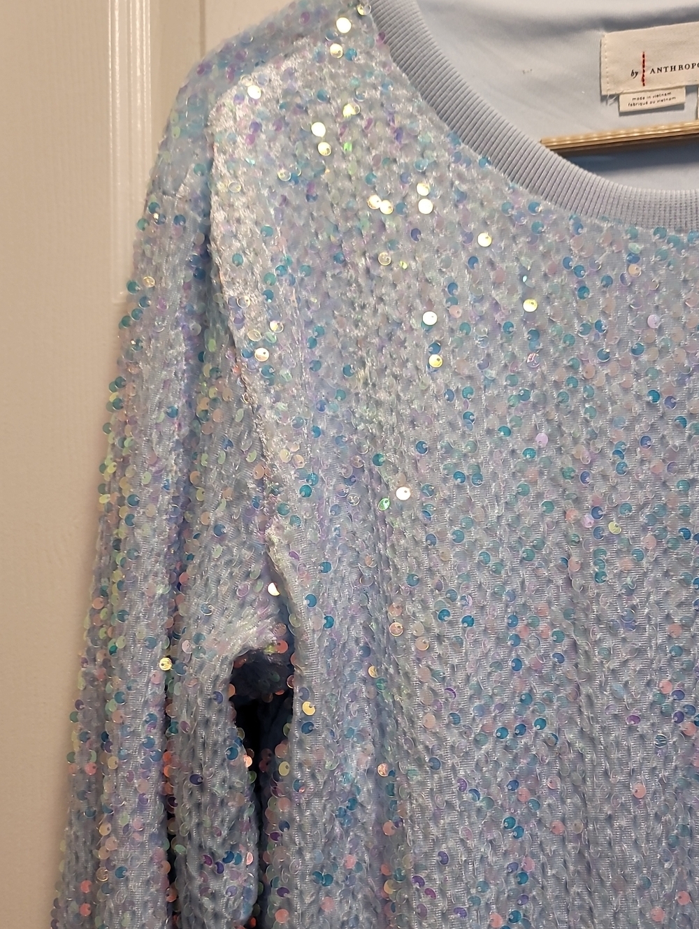 Anthropologie Sparkling Pale Blue Iridescent Sequin Sweater SZ Med - Picture 3 of 10